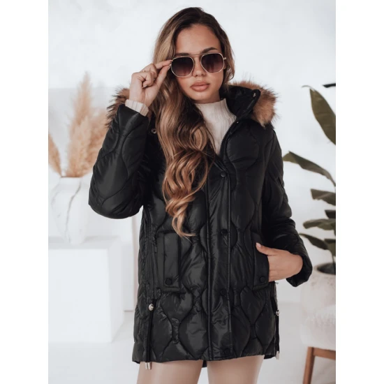 Moteriška juoda žieminė striukė su rudu kailiuku Lumor