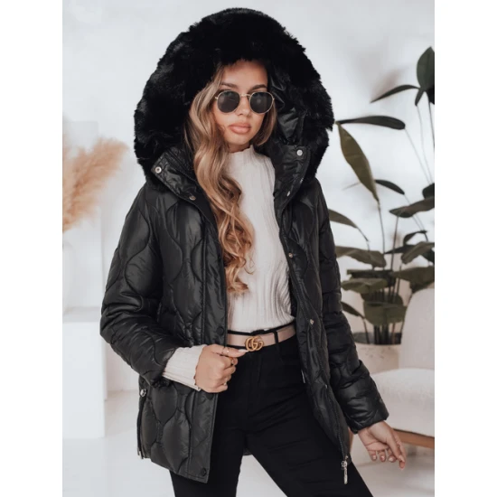 Moteriška juoda žieminė striukė su juodu kailiuku Lumor