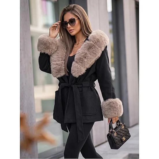 Mika Women's Black Coat with Fur Trim