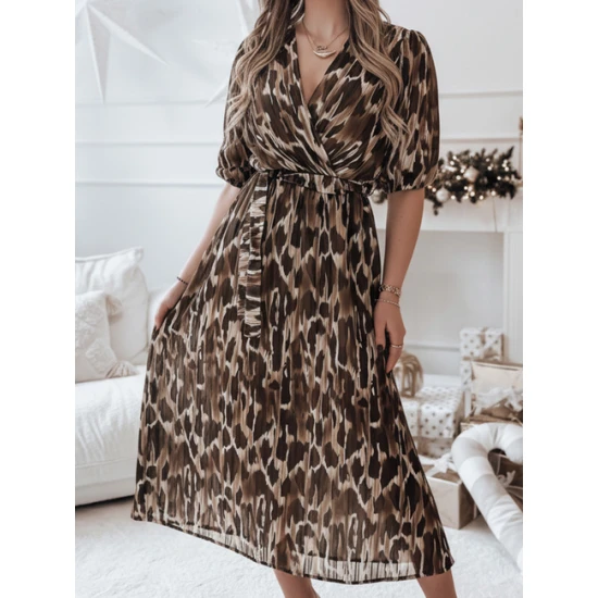 Moteriška ruda midi suknelė su raštu Leopard