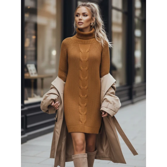 Moteriška megzta rudos spalvos suknelė