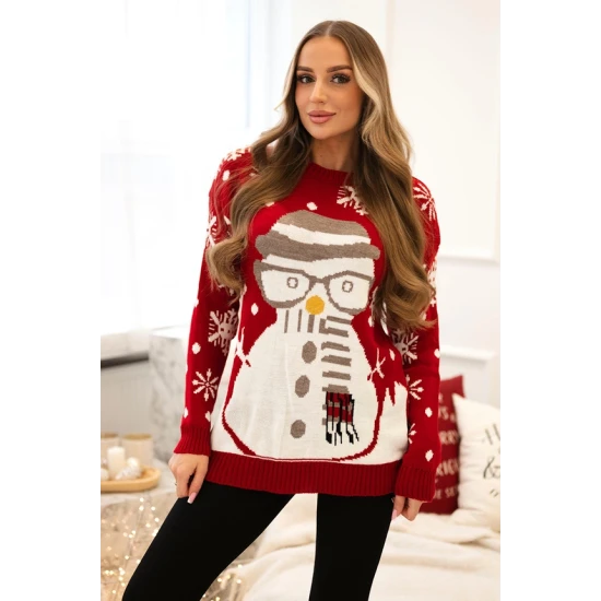 Moteriškas raudonas kalėdinis megztinis Snowman