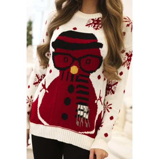 Moteriškas baltas kalėdinis megztinis Snowman