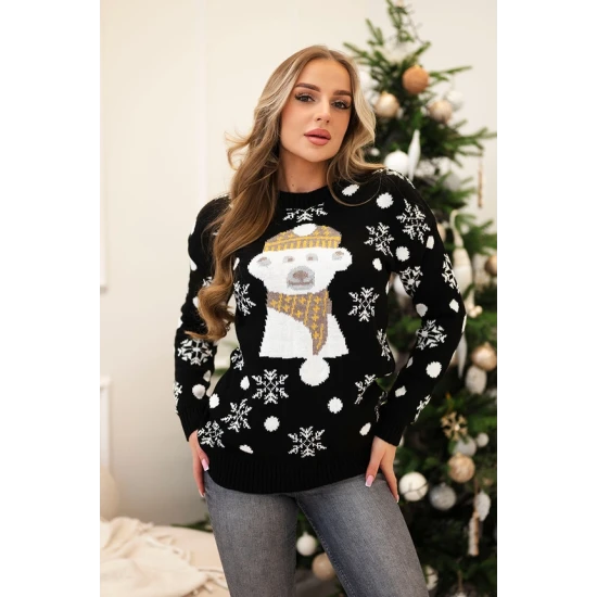 Moteriškas juodas kalėdinis megztinis Bear
