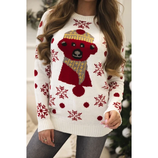Moteriškas baltas kalėdinis megztinis Bear
