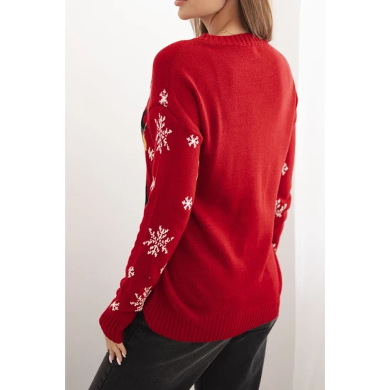 Moteriškas raudonas kalėdinis megztinis su elniu Deer