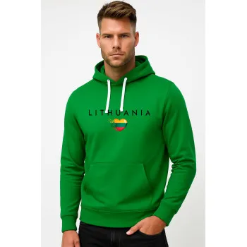 Мужской зелёный свитшот с капюшоном Lithuania (чёрный)