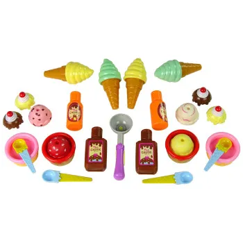 Sweets set: ice cream, cupcakes, sauces, spoons