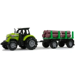 Žalias traktorius su priekaba medienos gabenimu