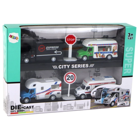 4 automobilių rinkinys su kelio ženklais Žaisliniai automobiliai
