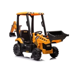 Geltonas JCB akumuliatorinis ekskavatorius su kaušu