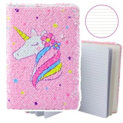 Rožinė užrašų knygutė su linijomis, blizgučiais, vienaragiu, A5 formato, 80 lapų