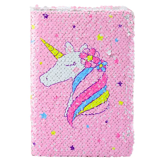Vaaleanpunainen muistikirja viivoilla, glitterillä ja yksisarvisella, A5, 80 sivua. Muistikirjat