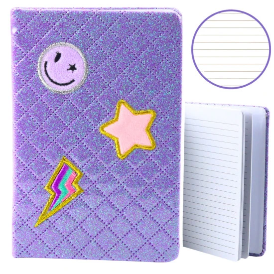 Violetinė užrašų knygutė su blizgučiu paviršiumi ir aplikacijomis, B6 formato, 80 lapų Užrašų knygelės
