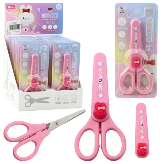 School Scissors With Cover Decorative Pink Bunny 14cm Kanceliarinės prekės
