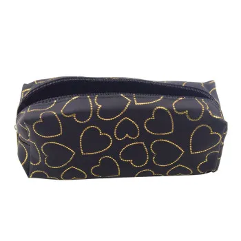 Black pencil case with one compartment Golden Hearts 20 x 8 cm