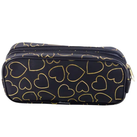 Black pencil case, two compartments, with golden hearts 23,5 x 10 cm Pennants