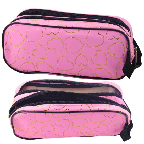 Pink pencil case with two compartments with golden hearts, 23,5 x 10 cm Pennants