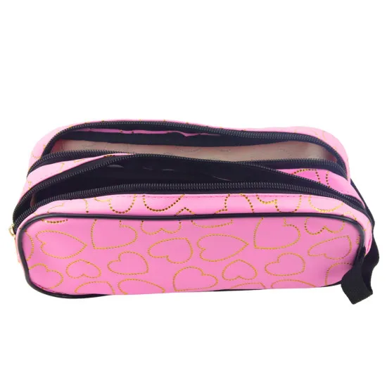 Pink pencil case with two compartments with golden hearts, 23,5 x 10 cm Pennants