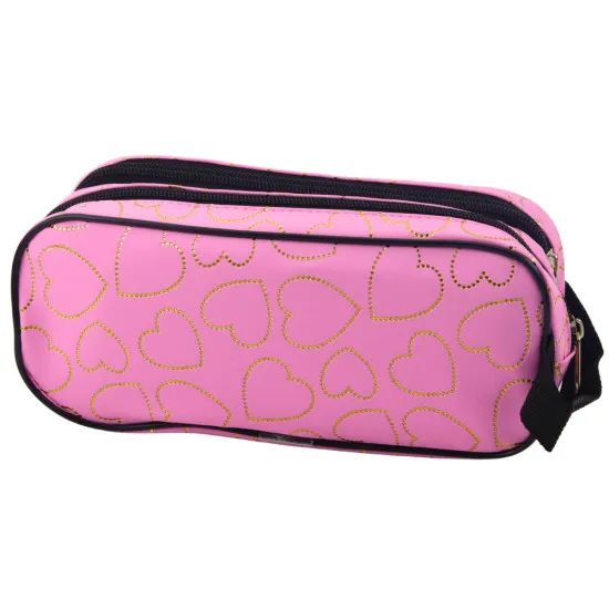 Pink pencil case with two compartments with golden hearts, 23,5 x 10 cm Pennants