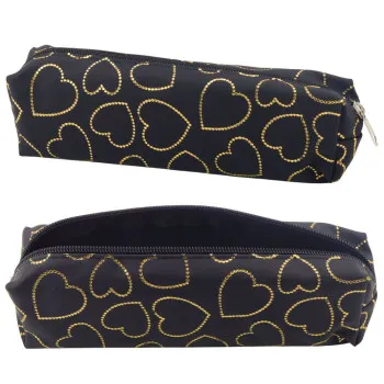 Black pencil case with golden hearts, one compartment 20x6.5 cm