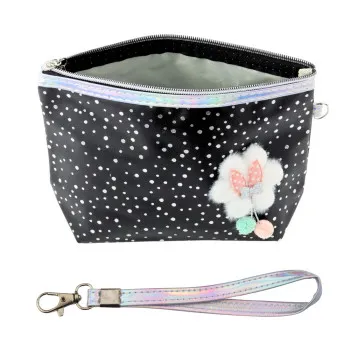Black pencil case with ribbon and shiny dots, 23 x 16 cm