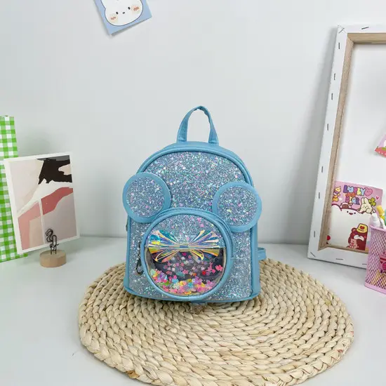 Vaikiška mėlyna kuprinė su blizgučiais, pelės ausytėmis, 22 cm, 3 l Kuprinės