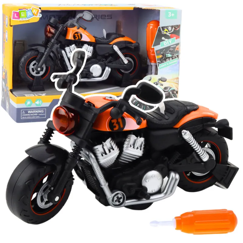 Surenkamas oranžinis motociklas su šviesos ir garso efektais Žaisliniai motociklai