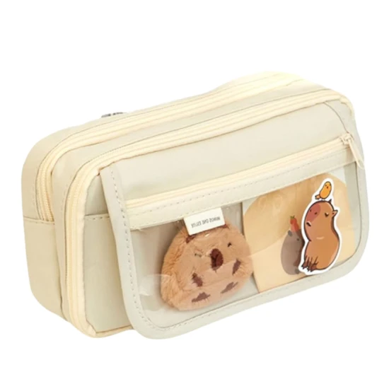 Dviejų skyrių mokyklinis penalas su kišenėmis ir priedais Kapybara, 21x12 cm Penalai