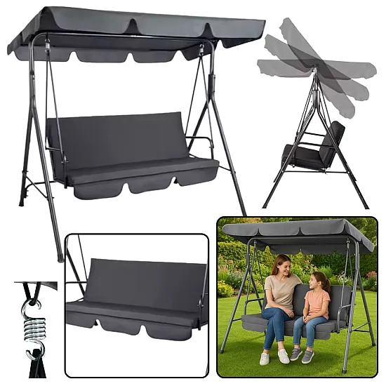 Three-person Garden Swing Rocking Cushions Mattress Gray