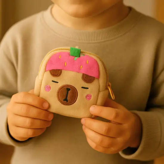 Plush Wallet with Keychain Capybara Strawberry Pink 9.5 x 8 cm Kanceliarinės prekės