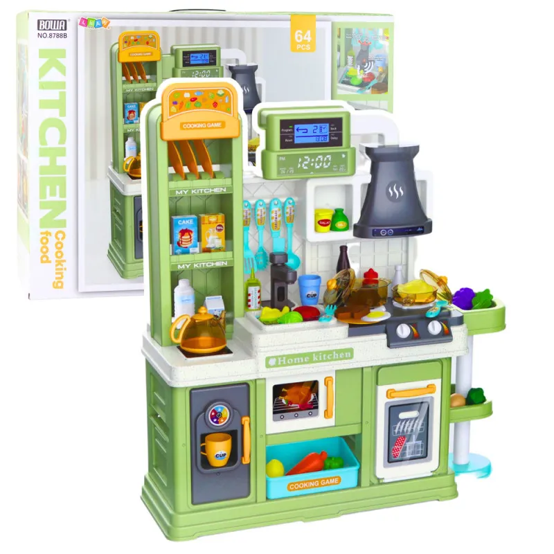 Green kitchenette with accessories 64 pcs. Household appliances, kitchens