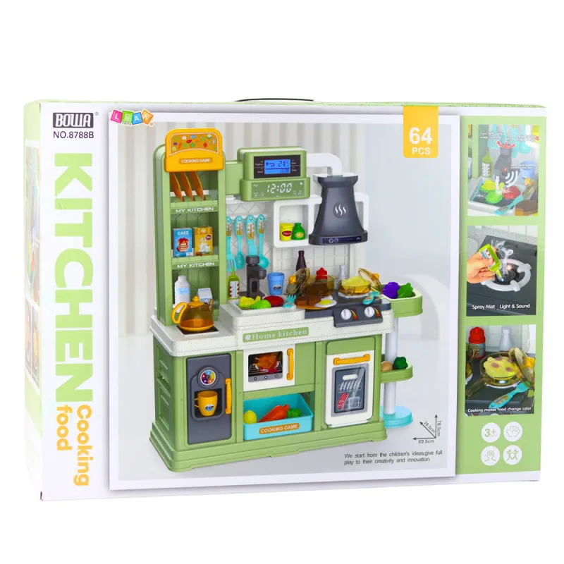 Green kitchenette with accessories 64 pcs. Household appliances, kitchens