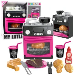 Žaislinė rožinė viryklė su maisto produktais su šviesos ir garso efektais