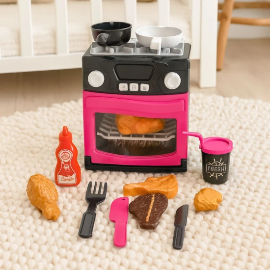 Žaislinė rožinė viryklė su maisto produktais su šviesos ir garso efektais Buitiniai prietaisai, virtuvės