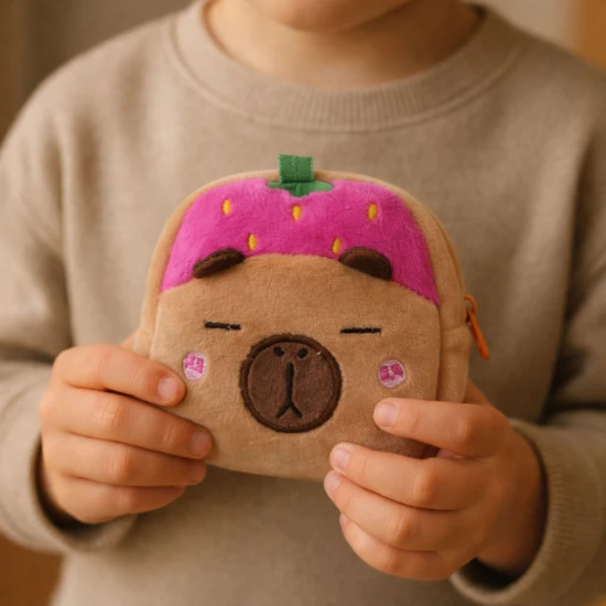 Pliušinė piniginė su braškių motyvu 9,5 x 8 cm Kuprinės ir krepšiai