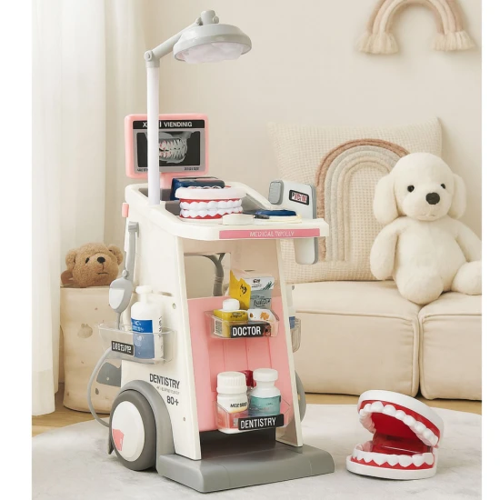 Rožinis gydytojo odontologo rinkinys medicininis vežimėlis Gydytojo rinkiniai