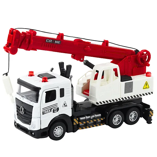 Truck with crane, metal cab, adjustable boom, light and sound system