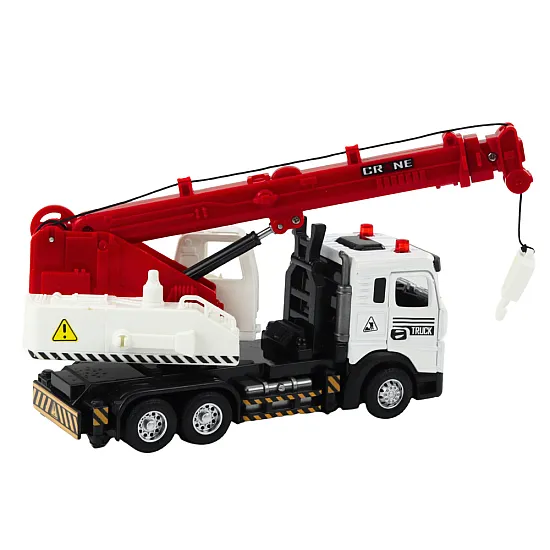 Truck with crane, metal cab, adjustable boom, light and sound system
