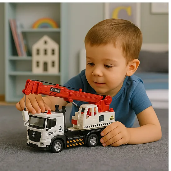 Truck with crane, metal cab, adjustable boom, light and sound system