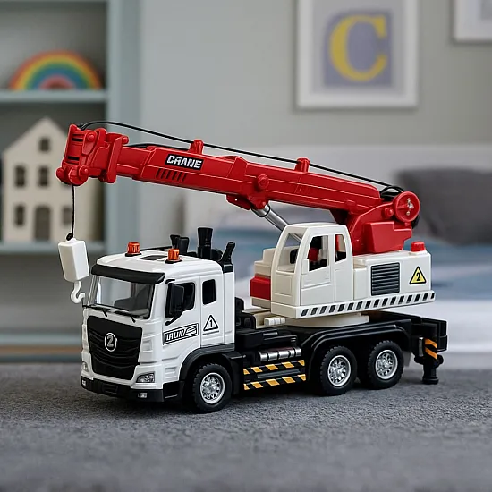 Truck with crane, metal cab, adjustable boom, light and sound system