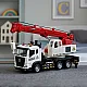 Truck with crane, metal cab, adjustable boom, light and sound system