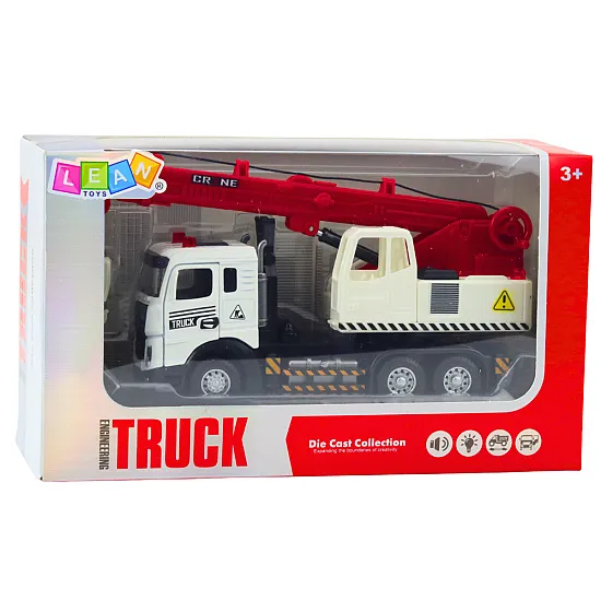 Truck with crane, metal cab, adjustable boom, light and sound system