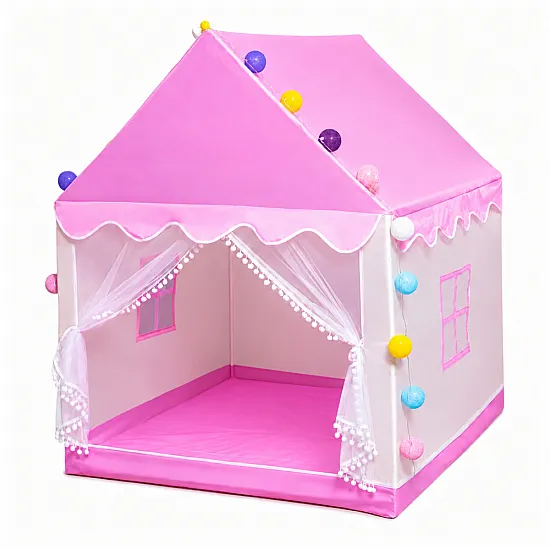 Pink play tent with decorative LED lights