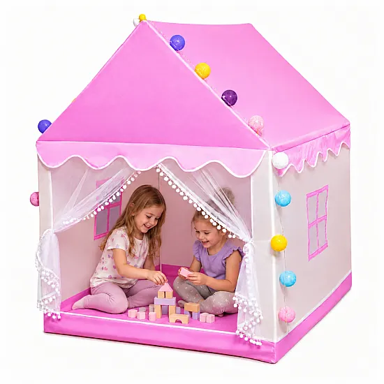 Pink play tent with decorative LED lights