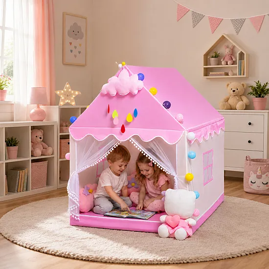 Pink play tent with decorative LED lights