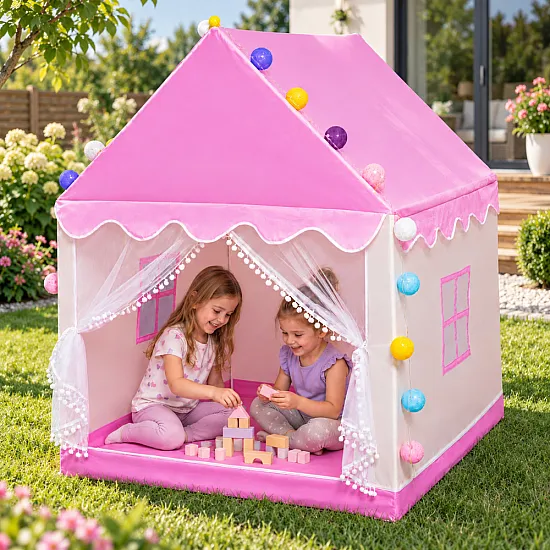 Pink play tent with decorative LED lights