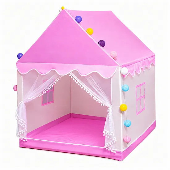 Pink play tent with decorative LED lights