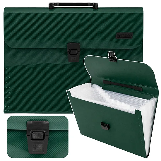 Green A4 document holder with 13 compartments