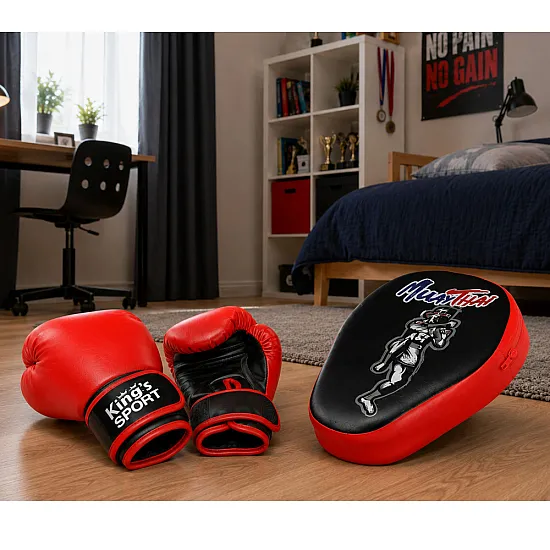 Bokso sporto rinkinys: pirštinės ir treniruočių pagalvėlė 2-in-1 MUAY THAI